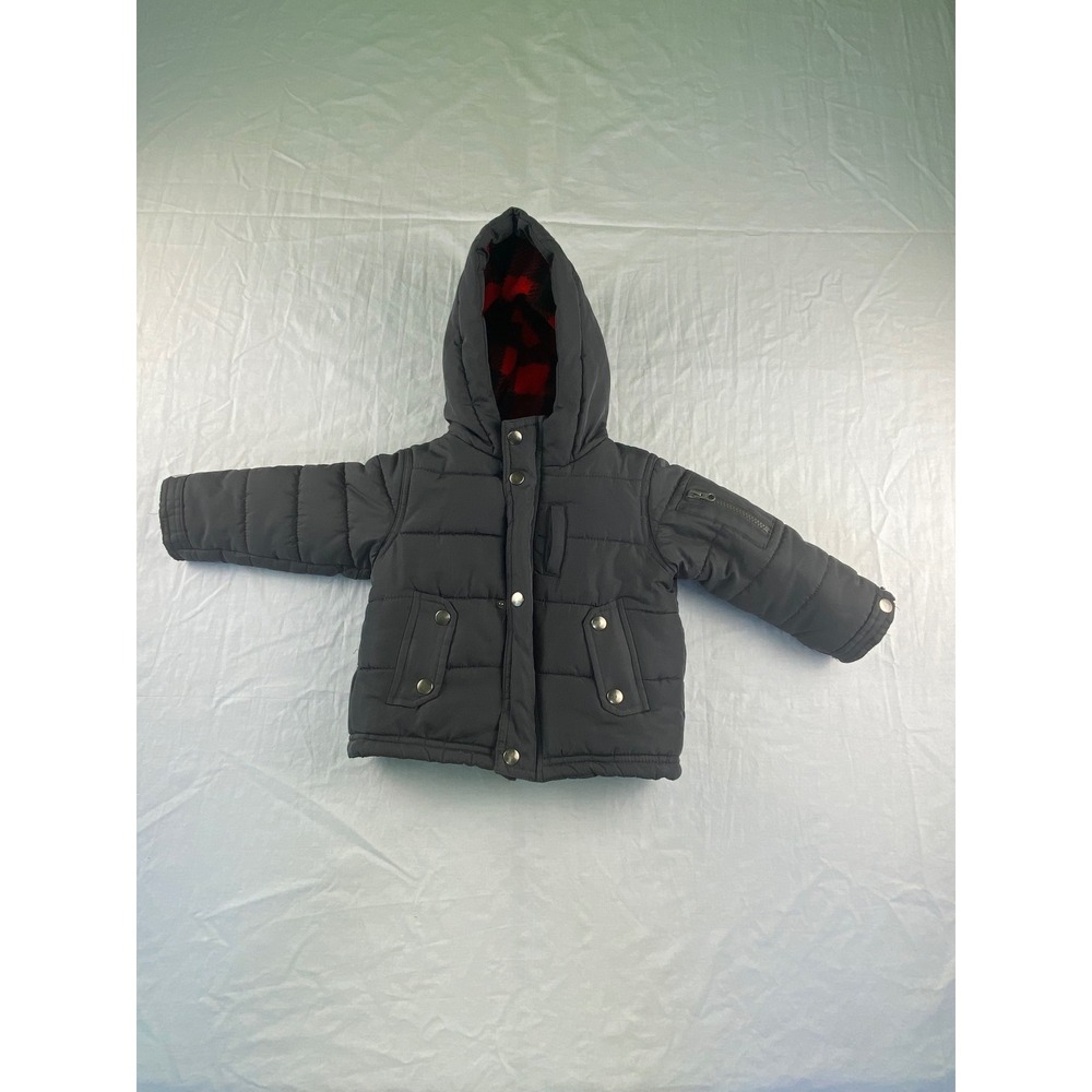 OshKosh Bgosh Boys‎ Gray Hooded Puffer Jacket Buffalo Plaid Fleece Lined 24M